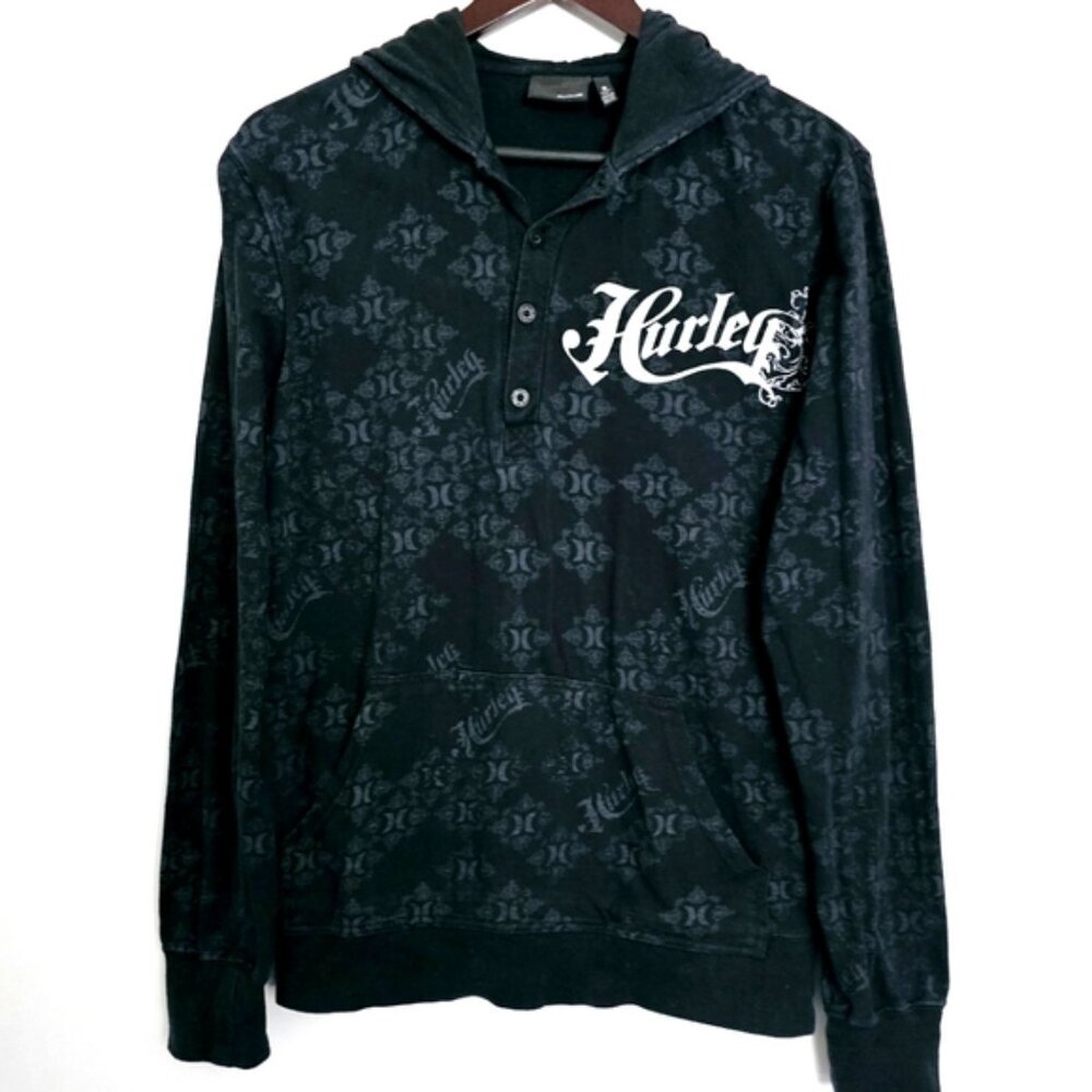 Hurley Men's Small  Black Casual Pullover Long Sleeve Logo Cotton Shirt Hoodie